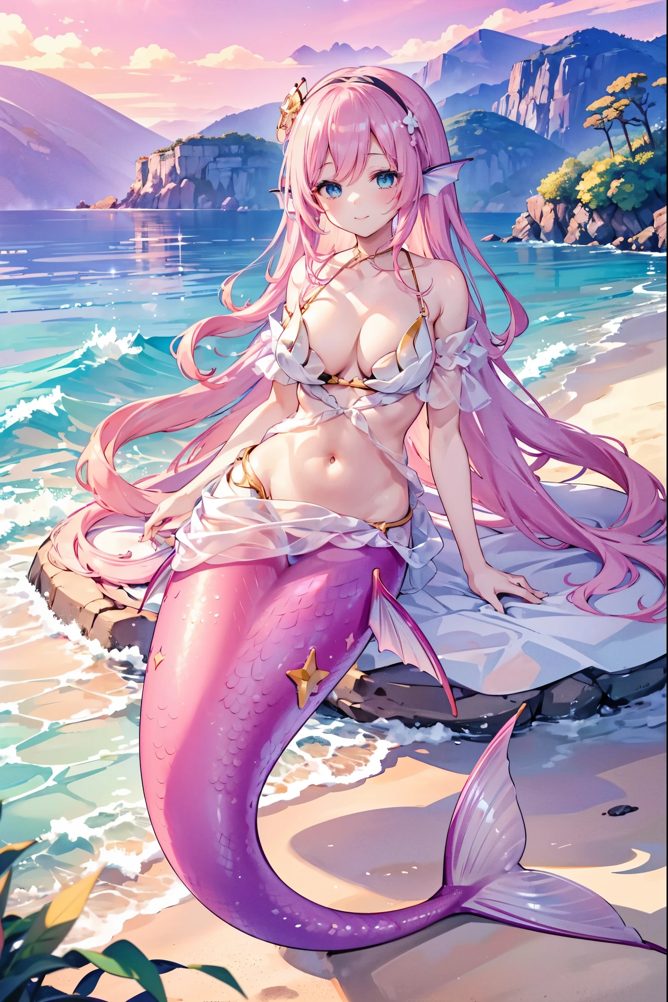 masterpiece, best quality,A girl,Pink Hair,Hair accessories,White Dress,blue eyes,Head fin,Solitary,Large Breasts,Mermaid,粉色的Mermaid尾巴,full-body shot,beach,Sea view,charming face(Kawaii, charming,Soft),Smile,