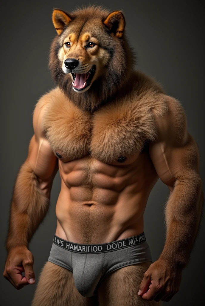 Furry, masculine, brawny, Only in underwear, with big penis.