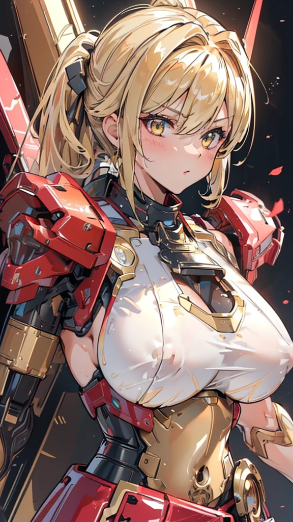best quality, masterpiece, High resolution,, 1 girl, Detailed face, (Upper Body:1.6), actual, Rich in details, (Beautiful body:1.4),Red translucent armor,Arm mecha,blonde short hair,Long ponytail hairstyle,Huge Breasts,cleavage,Pistol hanging from waist,fighter pilot,fighter hangar,Sexy,lipstick,Golden Eyes,stockings,Short skirt,Nipples exposed