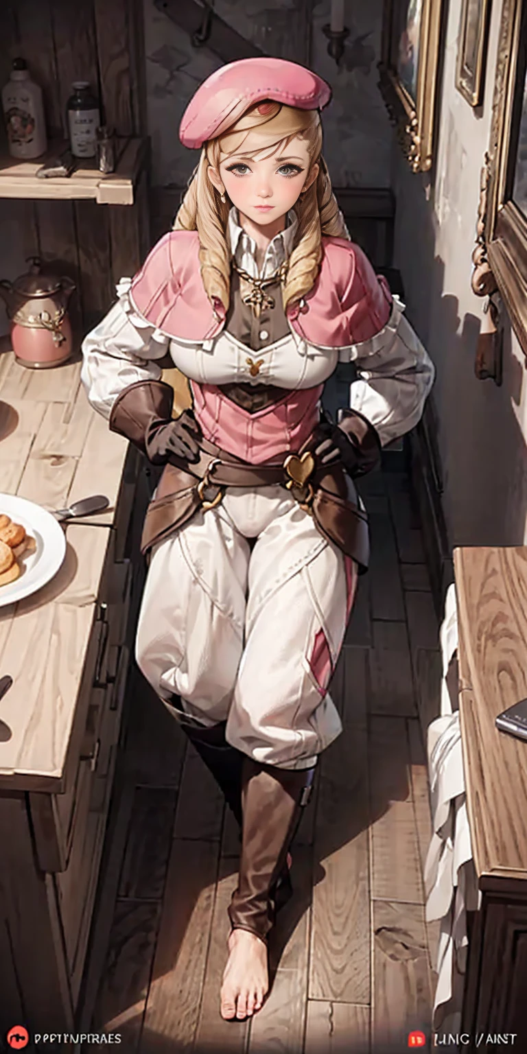 masterpiece, best quality, full body, barefoot, solo, female, big breast, feforrest, beret, pink capelet, pink tunic, white pants, brown gloves, upper body, looking at viewer, shy, from above, mansion, room, finely decorated room, pink theme, big breast but cover, hands to hip