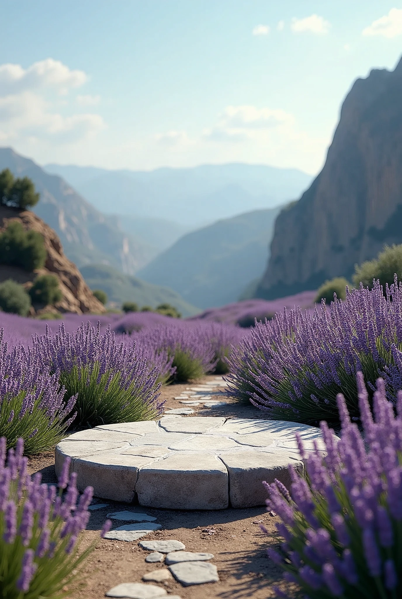 A granite podium with a view half lavender field and half windswept landscape