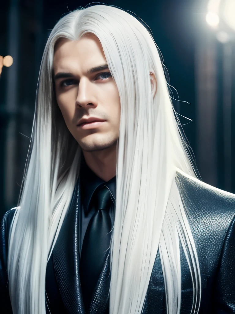 masterpiece, highest quality, (solo focus), (perfect face:1.1), (high detail:1.1),dramatic, 1guy, (pale skin), long white hair, white eyes, [light eyebrows], solo, long hair, moon, night, white luxury suit, covered navel, pouty lips, covered, futuristic city, detailed background, art by artgerm and greg rutkowski, cinematic lighting, roses, fashion, BalenciagaStyle