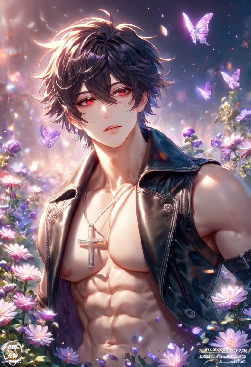 absurdres, highres, ultra detailed, HDR, master piece, best quality, extremely detailed, delicated features, Luka Crosszeria, medium length black hair, messy hair, hair between the eyes expressive red eyes, Uraboku, adult, solo, sexy man, handsome, sensual, black leather trench coat, sleeveless, without shirt, black gloves, cross necklace, silver accessories, fantasy, magical, radiant, dust, purple flames, purple moon, purple flowers, purple butterflies, garden