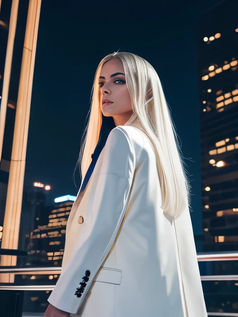 masterpiece, highest quality, (solo focus), (perfect face:1.1), (high detail:1.1),dramatic, 1guy, (pale skin), long white hair, white eyes, [light eyebrows], solo, long hair, moon, night, white luxury suit, covered navel, pouty lips, covered, futuristic city, detailed background, art by artgerm and greg rutkowski, cinematic lighting, roses, fashion, BalenciagaStyle