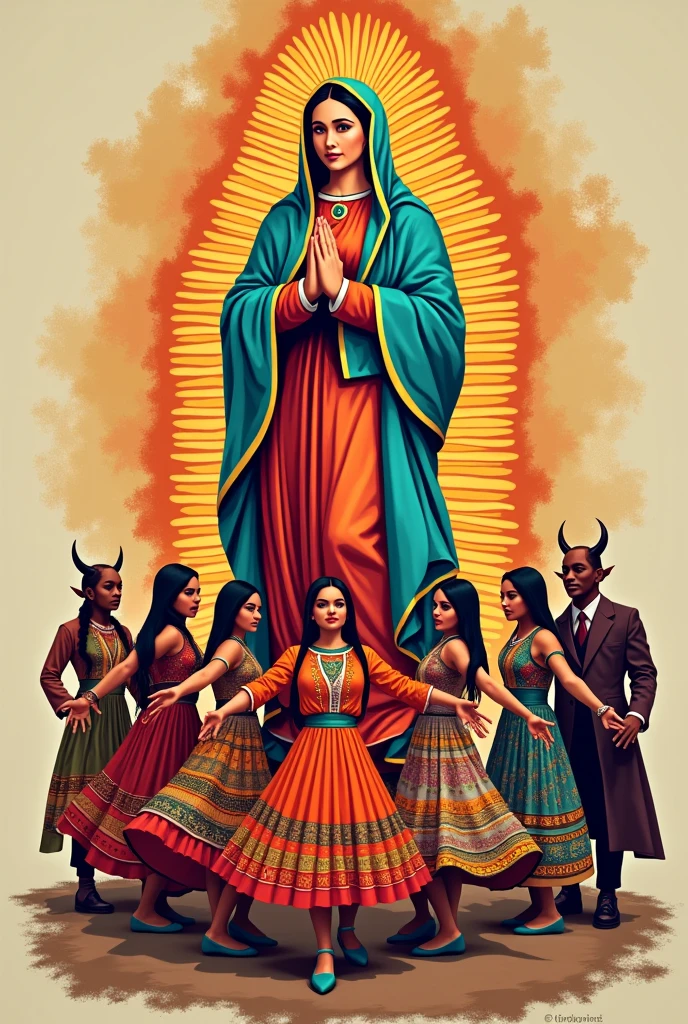 I create a logo, for the folkloric dance group Virgin of Guadalupe, and that it be in the following way, the Virgin of Guadalupe watching as 7 women dance a folkloric dance in typical Cañari costumes and two men dressed as human devils