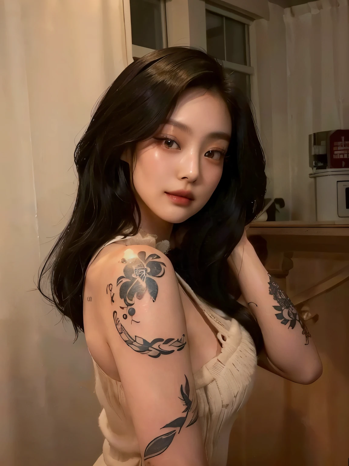 arafed woman with a tattoo on her arm and shoulder, of taiwanese girl with tattoos, beautiful asian girl, inked, gorgeous chinese model, with tattoos, beautiful south korean woman, dilraba dilmurat, korean girl, asian girl, asian women, 2 8 years old, 2 2 years old, 2 7 years old, beautiful asian woman
