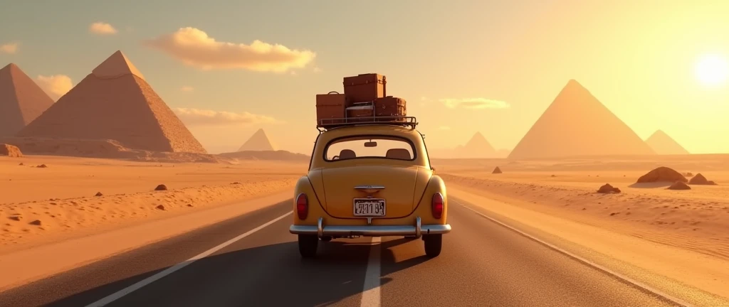 Car with luggage on a road, Gita, paisaje, car seen from behind, Pixar movie , traveling down the road in the Egyptian desert , pyramids in the scene
