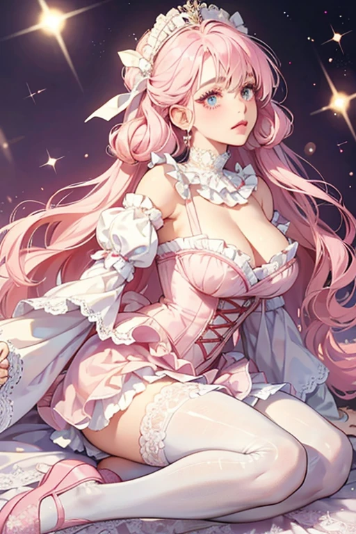 Her eyes and eye makeup are the same but her lips are pearl pink. Her light pink hair covered in tinsel is entirely pulled up in large, thick curls held by a glittery white lace ribbon. Her bodice is white with glittery pink detail to match her sleeves and choker. Her tutu is white lace with glitter covering it and a pointed pale pink peplum over it that has a white heart and design on each point. She wears the same tights and slippers, but they are pale pink. She also gains glittery white ruffled lace sleeves. SPARKLE; GLITTER