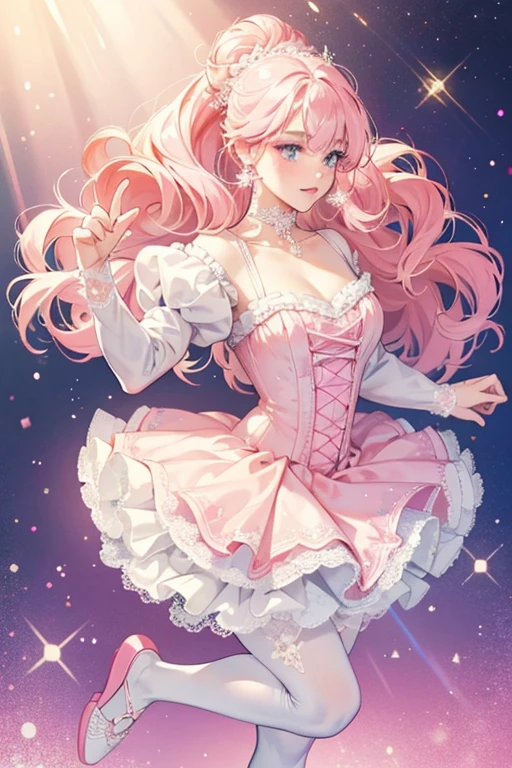 Her eyes and eye makeup are the same but her lips are pearl pink. Her light pink hair covered in tinsel is entirely pulled up in large, thick curls held by a glittery white lace ribbon. Her bodice is white with glittery pink detail to match her sleeves and choker. Her tutu is white lace with glitter covering it and a pointed pale pink peplum over it that has a white heart and design on each point. She wears the same tights and slippers, but they are pale pink. She also gains glittery white ruffled lace sleeves. SPARKLE; GLITTER