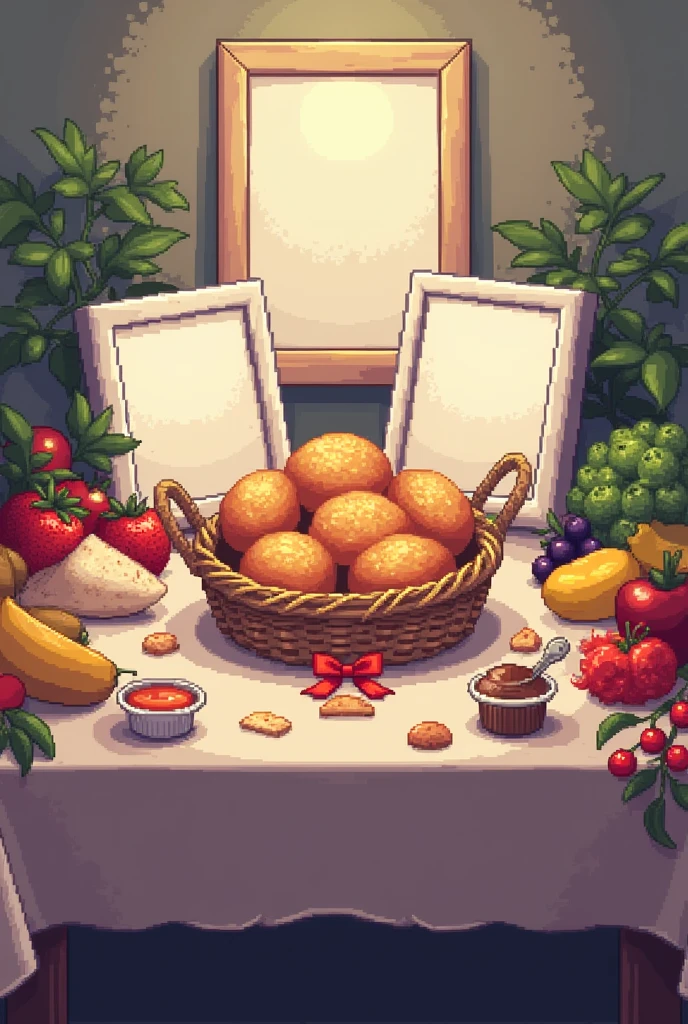 Generate a table, On the table there are 6 frames with photographs in white, around there is a lot of food and in the middle there is a basket of rolls, a muffin stands out next to the basket there is a red hair bow, Create all of this with a pixelated style, as if it were an Undertale-style video game..