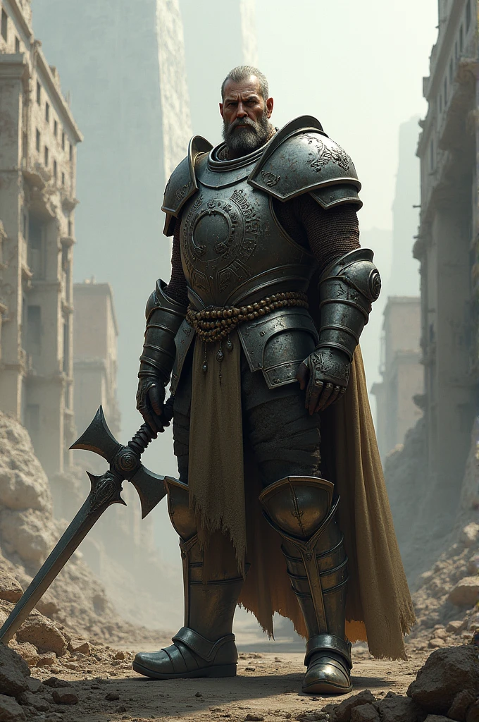 Make me a person posing after a war wearing armor