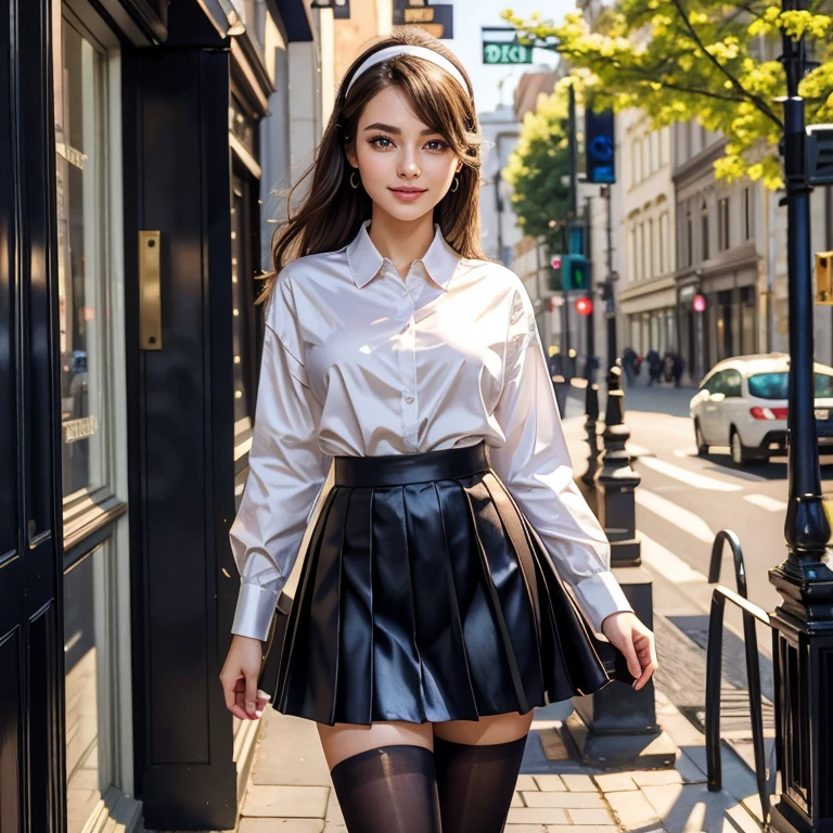 (​masterpiece, best quality:1.5), highest quality, High resolution, super detailed, Realists, Full body photo of a brunette 22 year old woman, detailed and beautiful eyes, beautiful detailed lips, very detailed eyes and face, longeyelashes, 22-year-old woman in a shirt made of shiny satin,  Pleated skirt with tight stockings, Beautiful and colorful makeup, elegant and noble々Pose,shiny satin headband,, City as background, bright daylight, bright colors, fine brushstrokes, Portrait style, beautiful color palette, glowing skin, First-class rendering, that captures every detail, enchanting atmosphere, (perfect anatomy:1.2), (The stunning woman is wearing a satin shirt and a pleated skirt with tights. She smiles flirtatiously., Showcasing her figure (magnificent panorama view:1.2)