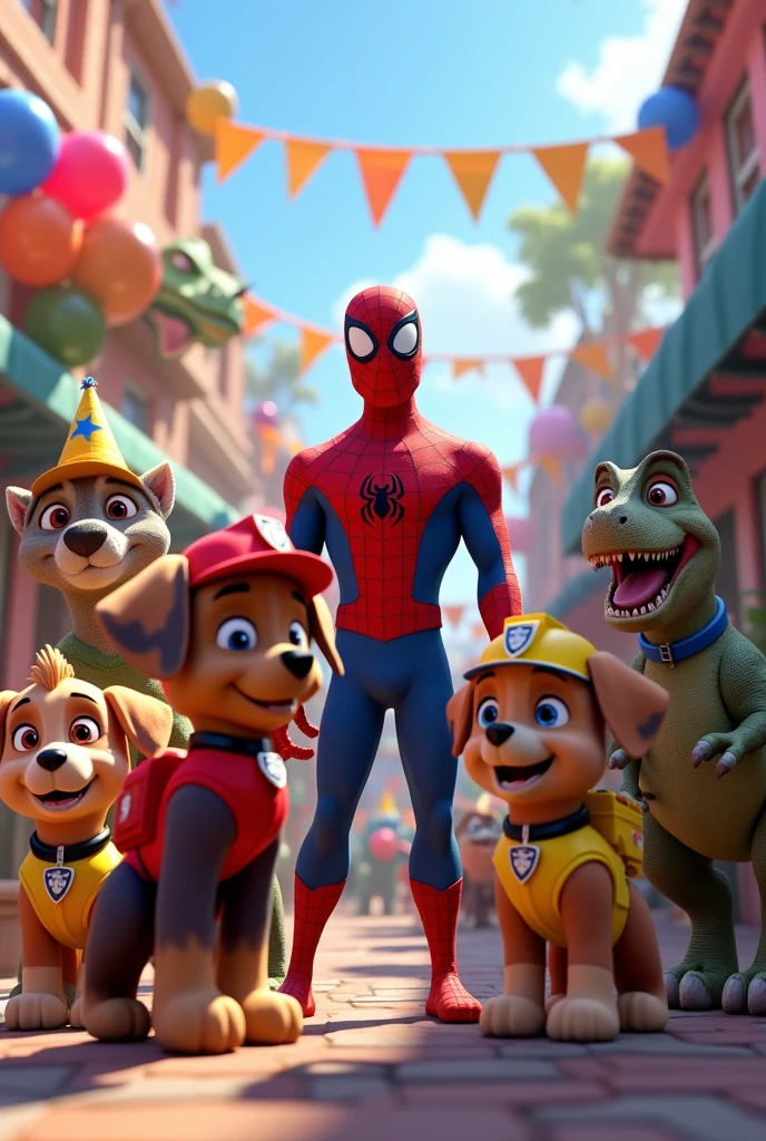 A party panel with Spider-Man, The Paw Patrol with Spiderman costumes, The dinosaurs in the background watching