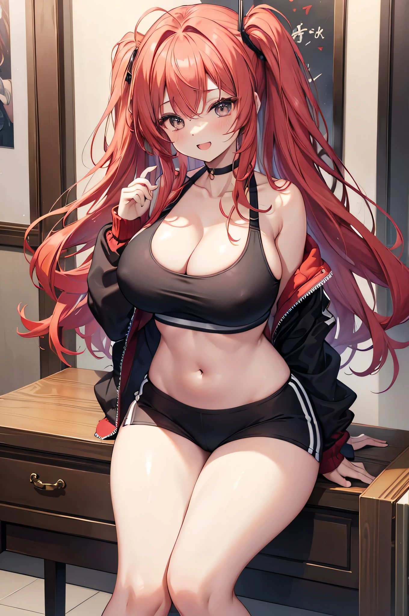 The highest masterpiece、high resolution, Large Breasts, Voluminous, messy, light red hair, masterpiece , HD, Head to Chest, Hold in chest、 tooth、Double teeth、Thick thighs、Grinning、Knitted sports bra、Open your mouth、Big Breasts、hot pants、 Sex、Hold in chest