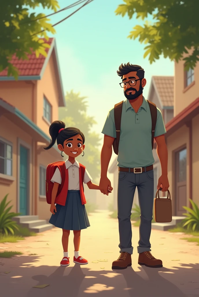 A girl who's age 9 years his name Aditi going to school with his father name vinod 