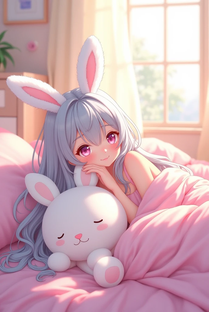 Beautiful illustrations, Highest quality, cute, Bedroom, pastel colour, Fluffy bunny ears, , Silver long hair, Stuffed rabbit, Bright lighting, Pale pink eyes