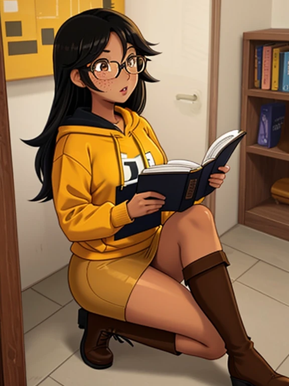 Masterpiece, 1girl, solo, 20 year old college student, she has tan-bronze skin with some freckles, long black hair with orange streaks, amber colored eyes, (she's wearing a yellow hoodie, tight black pencil skirt, reading glasses, heeled boots)