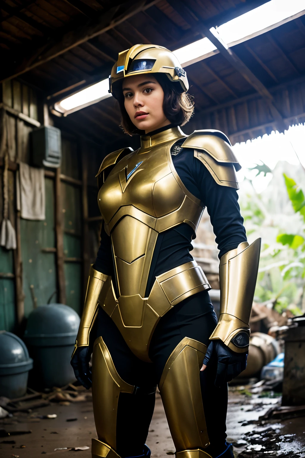 ((Captain Power and the Soldiers of the Future theme)).
((head to thighs front body view)).
((very accurate)):
"two most beautiful Indonesian girls similiar to Ghea Youbi face with glazed-eyed short bob-cut brown-haired hairstyles of proportional bodies wear super imaginative golden open-face sci-fi armor-helmet robot like with fully golden sci-fi armor and golden sci-fi tech armor skirts: striking-pose together in tropical slum hut".
big proportional protruding eyes.
narrow sharp noses.
thin lips.
serious facial expressions.
head and body facing forward.
tropical slum hut interior.
wet dirt.
pile of trash.