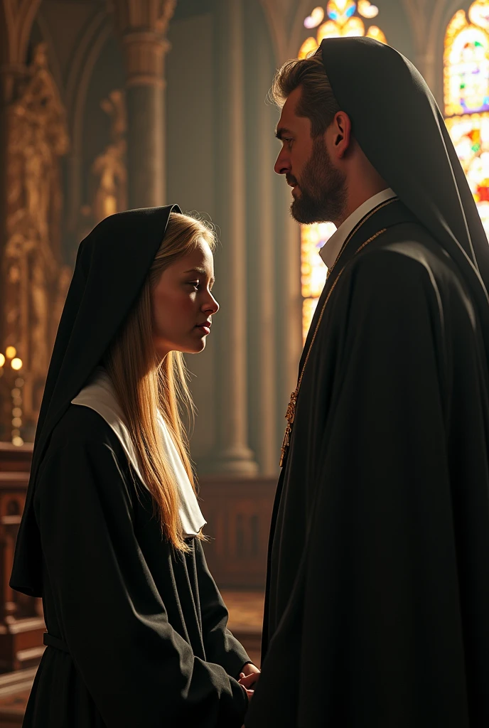a beautiful young nun with long flowing hair praying, a priest in awe of her beauty, detailed face, detailed eyes, detailed lips, intricate details, photorealistic, 8k, high quality, ultra-detailed, realistic lighting, soft warm lighting, ornate gothic cathedral interior, stained glass windows, religious atmosphere, dramatic chiaroscuro lighting, dynamic composition, cinematic lighting