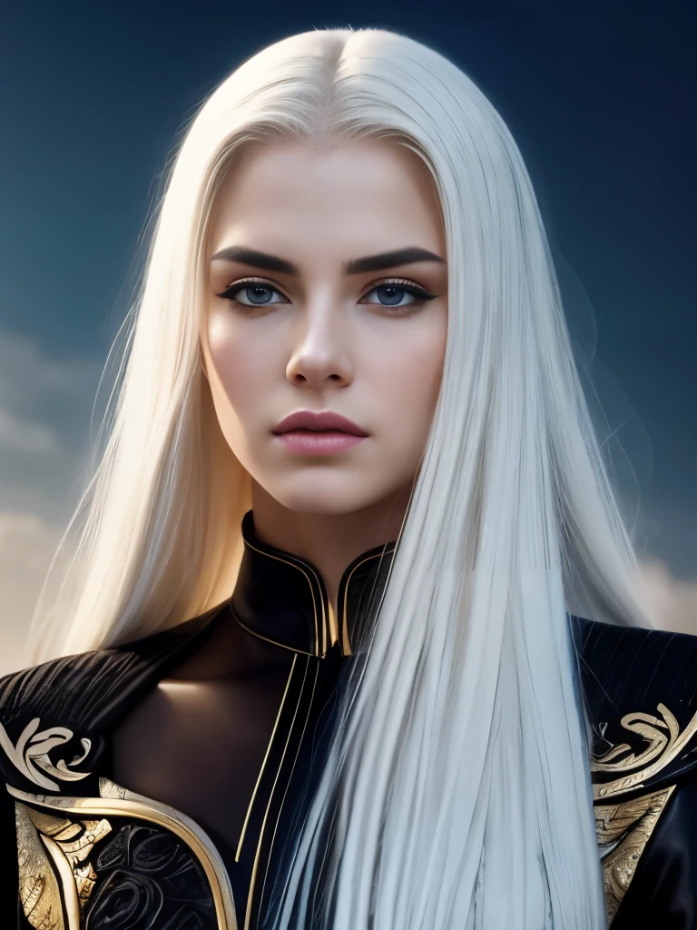 masterpiece, highest quality, (solo focus), (perfect face:1.1), (high detail:1.1),dramatic, 1guy, (pale skin), long white hair, white eyes, [light eyebrows], solo, long hair, moon, night, white luxury suit, covered navel, pouty lips, covered, futuristic city, detailed background, art by artgerm and greg rutkowski, cinematic lighting, roses, fashion, BalenciagaStyle