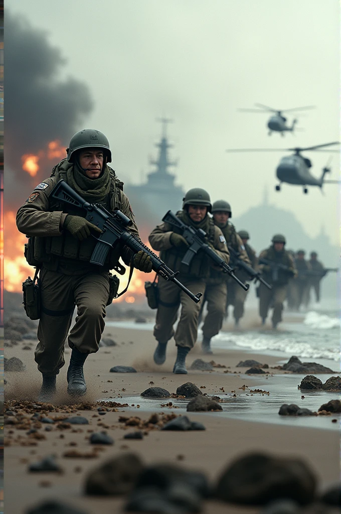 a group of soldiers are walking through the water with their rifles, the normandy landings, storming the beaches of normandy, d - day, d-day, ww 2, ww2, ww2 photo, omaha beach, ww2 historical photography, ww 2 historical photography, cyberdemon on omaha beach, robert capa, 6 june 1944, scene!! --auto --s2