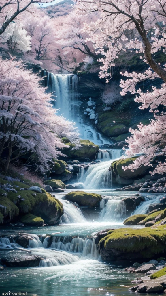 a beautiful land of silver crystals, rivers with cascading waterfalls, cherry blossom trees with petals dancing in the wind, blue roses, (best quality,4k,8k,highres,masterpiece:1.2),ultra-detailed,(realistic,photorealistic,photo-realistic:1.37),landscape,fantasy,nature,serene,vibrant colors,dramatic lighting,intricate details