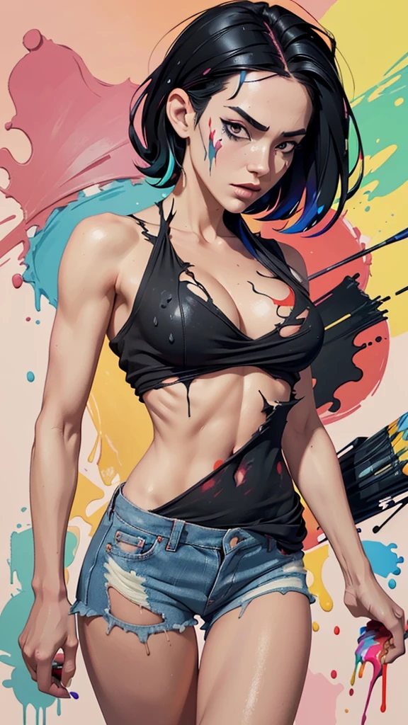 one girl, solo, abs, slender body, (upper body, bust:1.2), black eyes, black hair, red clothes, bare shoulders, masterpiece, highly detailed, look at viewer, front view, (paint splashes:1.5), (abstract, psychodelic:1.5), (deep cleavage:1.3), (torn clothes, transparent clothes:1.3), denim shorts, torn T-shirt, (transgressive art, octane render , saturated colors, pastel colors:1.3), (paint splashes background, colorful background:1.3)