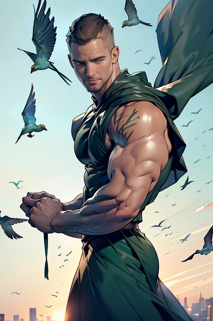 dark blue background,white mist,A handsome tall man (((Stephen AMELL))) floating in the night,He is 28 years old,Thin waist,The pectoral muscles are well developed, He is 175cm tall,Weight 72 kg、blue-green eyes、brown hair color、short hair、Toplesuscle,The body is slightly covered with transparent dark green gauze,You can see the body underneath, Countless birds flying in the sky,underwear,Black feather,looking TO THE VIEWER,smiling ,