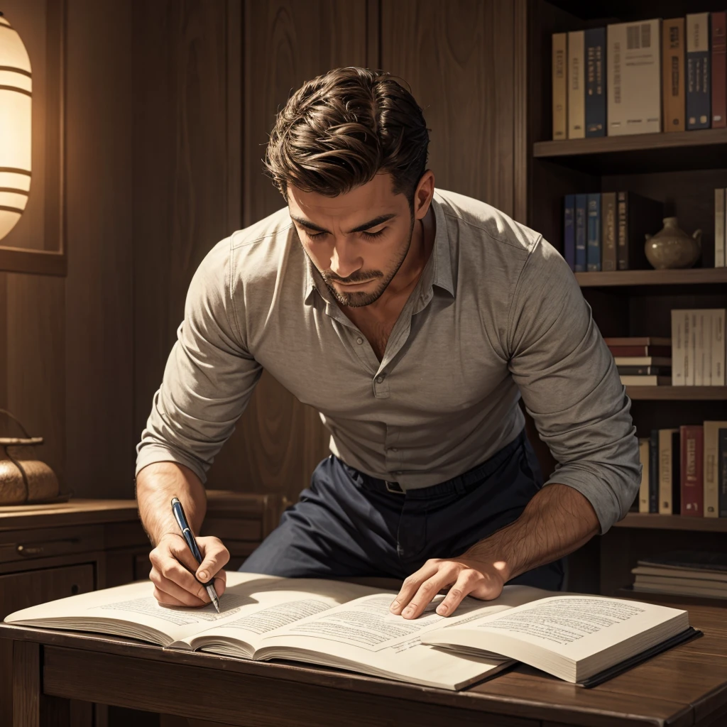 a man writing a novel on a table with an imaginative background