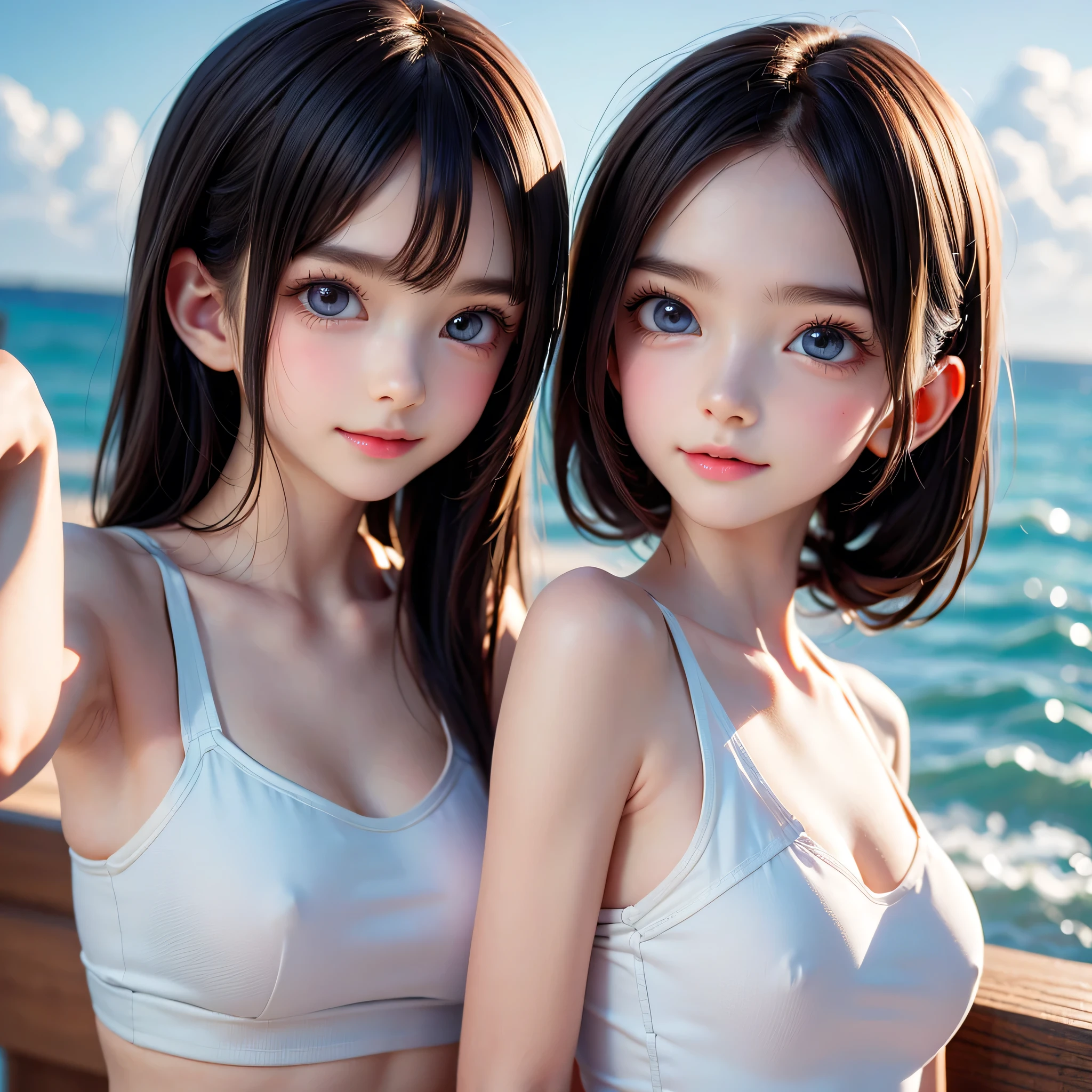 Two Girls,(2人のとてもcute:1.3),masterpiece,Highest quality,High resolution,From below,Low - Angle,Photorealistic,RAW Photos,Ray Tracing,Physically Based Rendering,beautiful girl,(:1.3),cute,Big eyes,(detailed pupils:1.2),(The face is facing straight ahead:1.3),Body facing forward,Beautiful nose,High nose,Upturned nose,Fuller lips,Short black hair,ponytail,short hair,Detailed eyelashes,Thin eyebrows,Very fine grain definition,(Symmetrical eyes,Golden Ratio:1.3),(Face close-up,Face Focus:1.0),Small breasts,Short neck,White swimsuit,White Bikini,Ocean,Southern Island,Blue sky,White cloud,Portrait,View Viewer,Upper Body,Cinema Lighting,High resolution,Very detailed