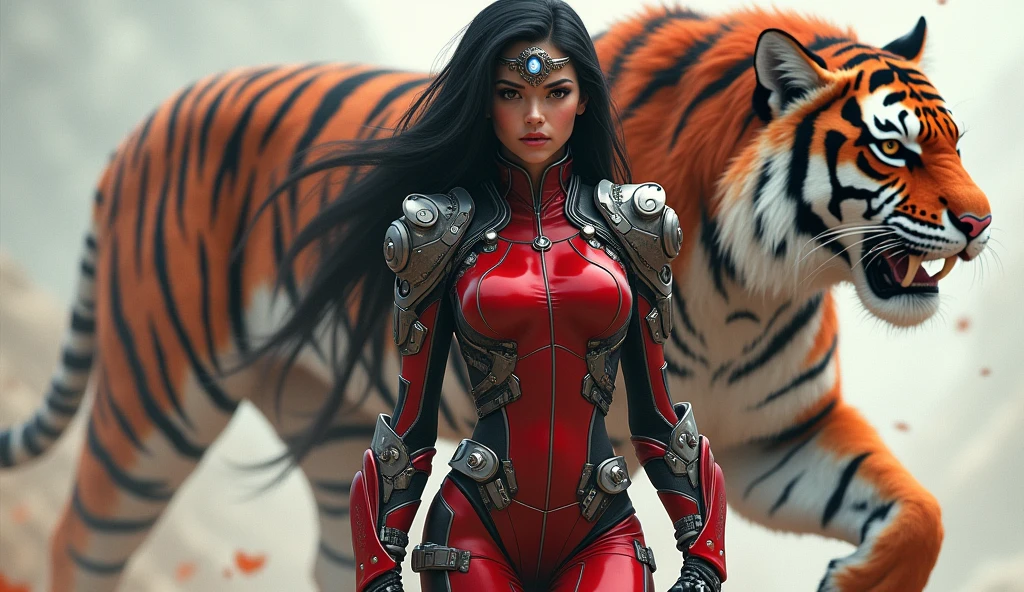 girl is depicted as a striking and powerful figure with a strong, confident presence. She is dressed in a futuristic, cybernetic outfit that accentuates her form. Her attire is a blend of armor and sleek design, featuring red and silver tones that highlight her physique. The outfit includes intricate details, such as metal components and glowing elements, giving her a high-tech, warrior-like appearance. A giant wild saber-toothed tiger
Her long dark hair flows behind her, and she has a focused, determined expression on her face. The girl also wears a headpiece or tiara, adding to her regal and formidable look. She appears to be walking with purpose, and behind her is a massive, fierce-looking tiger that further emphasizes her powerful and protective nature. The overall scene suggests that she is a guardian or warrior, possibly in a sci-fi or fantasy setting, and the tiger seems to be her companion or protector. A giant wild saber-toothed tiger