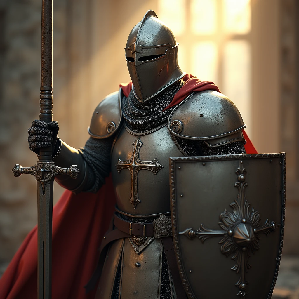 Templar knight in full armor with sword and shield, Very detailed, 8k, Global Illumination, Wide-angle, God's Rays,Full Body Shot.