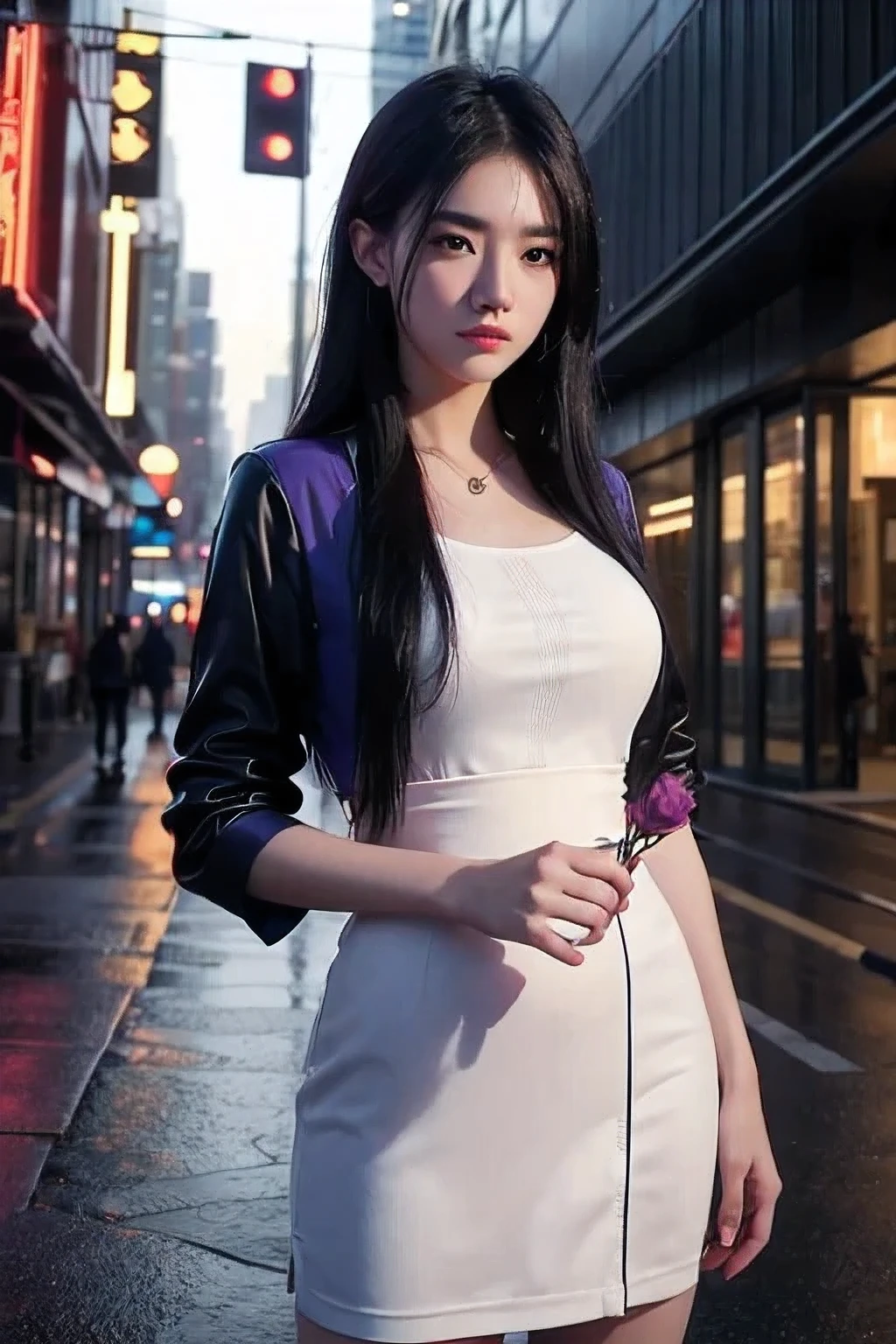 Scene Overview: A beautiful young Thai woman with fair skin and an oval face, aged 20-25, wearing a white sexy shirt, stand on street and holding a red rose do it same microphone doing sing a song
Visual Elements: Streets wet from rain, neon lights reflecting on the pavement
Lighting and Colors: Vibrant yet isolated, blues and purples dominate
Dynamics and Motion: The young woman holding a rose on the road
Focus and Background: Focus on the young woman holding a rose on the road, with city life blurred in the background
Emotion and Atmosphere: A profound sense of the young woman holding a rose amidst the vibrant city. Expressive and poignant scenes with a focus on the young woman and the flower, set against a backdrop of modern technology and urban spaces. The visuals should convey a deep sense of yearning and emotional struggle, with muted colors and dramatic lighting to enhance the mood.