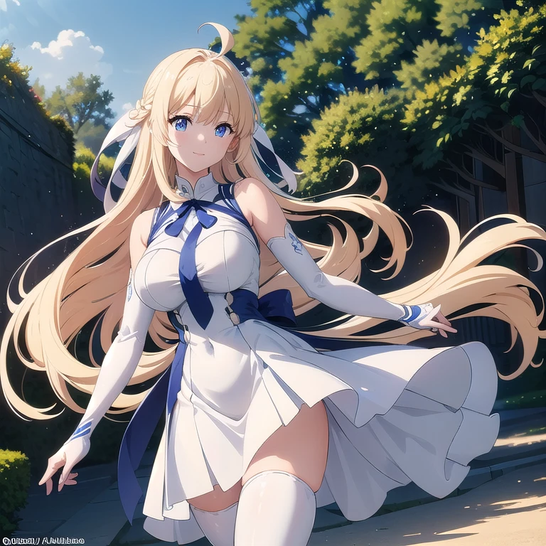 ((masterpiece)),(Highest quality),Official Art,Very delicate and beautiful,Highly detailed CG,unity 8k wallpaper,Super detailed,Beautiful attention to detail,Highly detailed face,Outdoor,One person,alone,View your viewers,In-person audience,smile,Ahoge,Very long hair,Blonde,Hair Ribbon,Blue Ribbon,Single Blade,Hair Ribbon,Blue ribbon,Hair Intake,Floating Hair,Side Lock,Hair between the eyes,bangs,blue eyes,White shirt,Short dress,White Dress,Sleeveless dress,Removable sleeves,Fingerless gloves,Huge breasts,Underbust,zettai ryouiki,Thigh-high boots,White footwear,