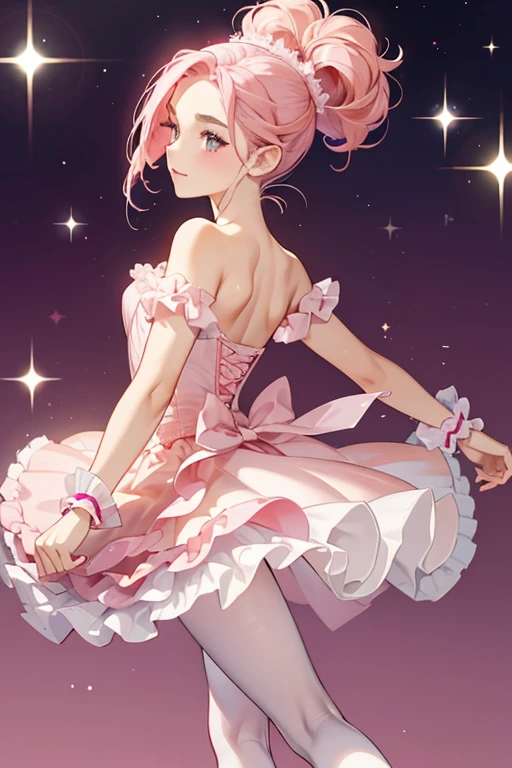 Pirouetta's hair is entirely pulled back and she wears a hot pink hair piece with a single curl on each side of the head. She wears a hot pink ballerina dress with pale pink sleeves and tutu, and beneath each shoulder is a hot pink piece of fabric. She wears pale pink tights and hot pink ballerina slippers. SPARKLE; GLITTER