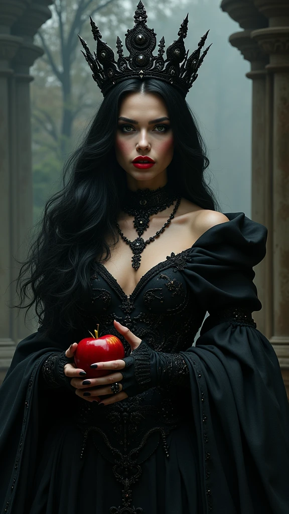 girl,Black long hair,Black Queen,Accessories,Apple in hand,Poison apples,Witch Queen,Red lipstick