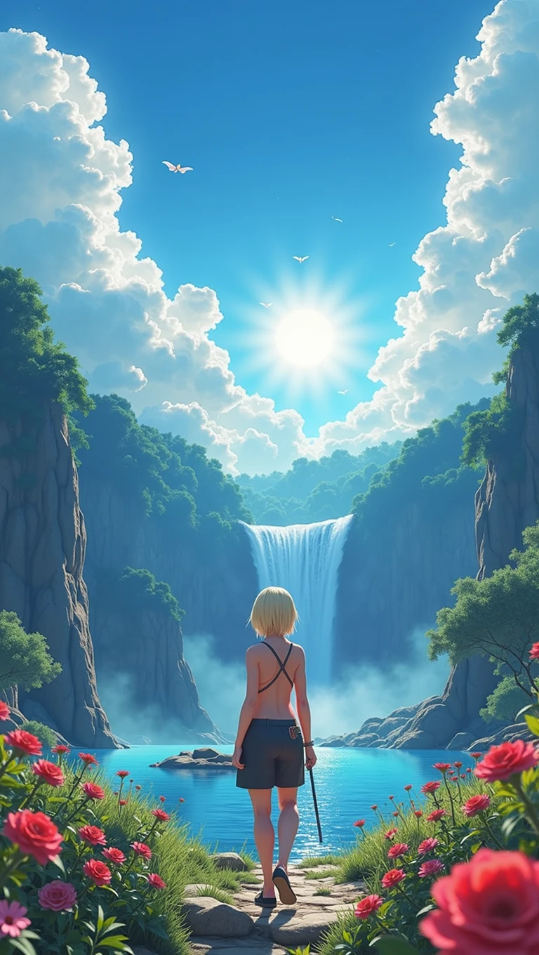 A highly detailed, award-winning, 8K CG wallpaper of Tatsumaki from One Punch Man, set in an outdoor natural landscape with a beautiful blue sky, clouds, sun, waterfall, cliffs, lake, river, flowers, complex and intricate details, dramatic, artistic, photorealistic, with a shallow depth of field and color aberration effects, a trending piece on ArtStation and CGSociety.One person, chest, chest, Shortcuts, Blonde, blue eyes,