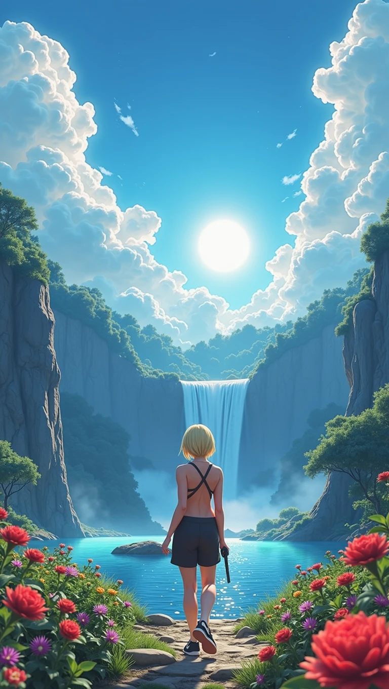 A highly detailed, award-winning, 8K CG wallpaper of Tatsumaki from One Punch Man, set in an outdoor natural landscape with a beautiful blue sky, clouds, sun, waterfall, cliffs, lake, river, flowers, complex and intricate details, dramatic, artistic, photorealistic, with a shallow depth of field and color aberration effects, a trending piece on ArtStation and CGSociety.One person, chest, chest, Shortcuts, Blonde, blue eyes, 