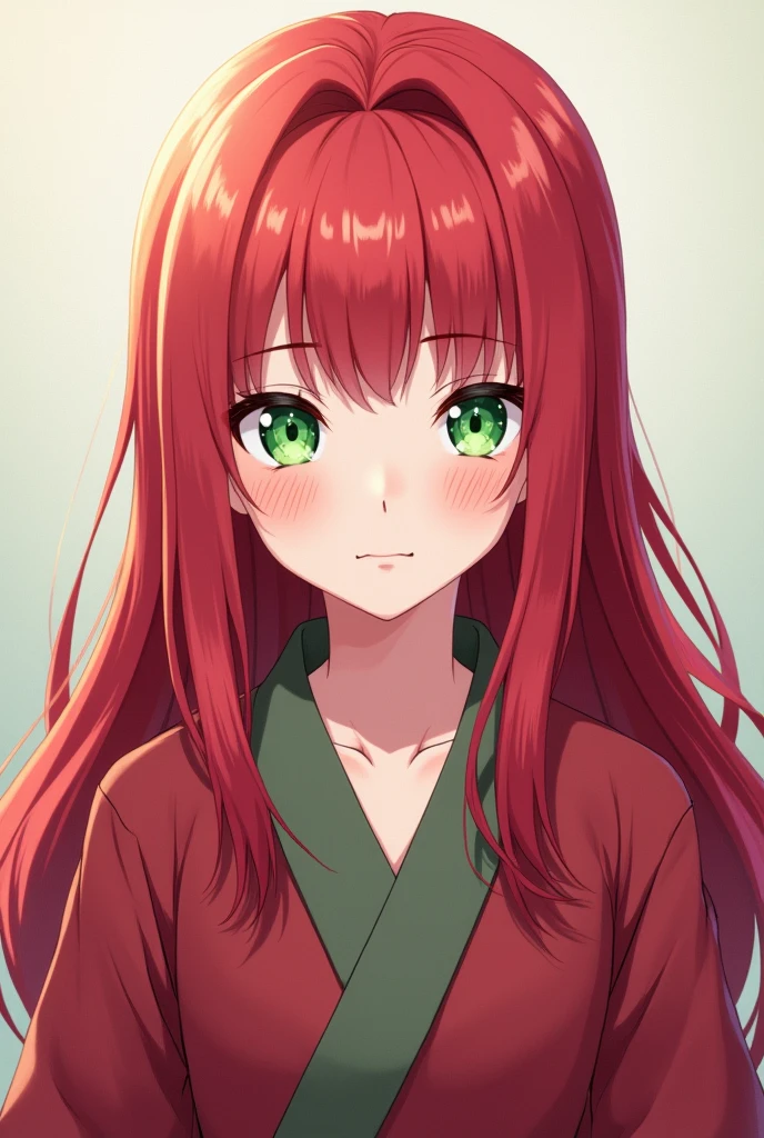  Naruto anime, beautiful girl, Konoha ninja, long hair with red bangs, cute clothes, looking to the camera, Full portrait, symmetry, White skin, green eyes with long eyelashes 