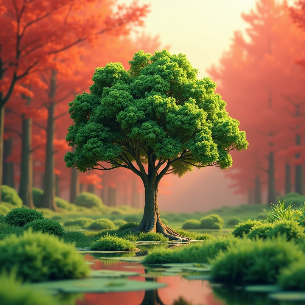 3d photo of tree. Which is situated in natural beautifull place. The background color is, (red and green) mixing color, which is unclear, but tree must clear. The must represent (save tree, save earth) 🌱🌏