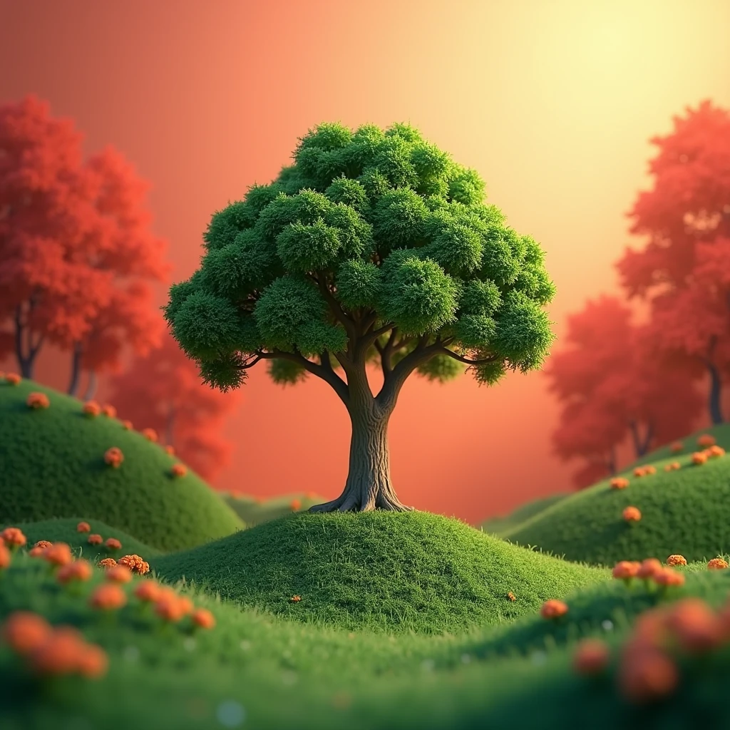 3d photo of tree. Which is situated in natural beautifull place. The background color is, (red and green) mixing color, which is unclear, but tree must clear. The must represent  (save tree, save earth) 🌱🌏