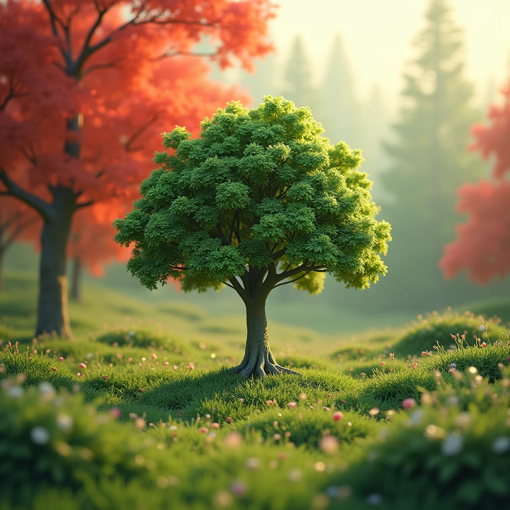 3d photo of tree. Which is situated in natural beautifull place. The background color is, (red and green) mixing color, which is unclear, but tree must clear. The must represent (save tree, save earth) 🌱🌏
