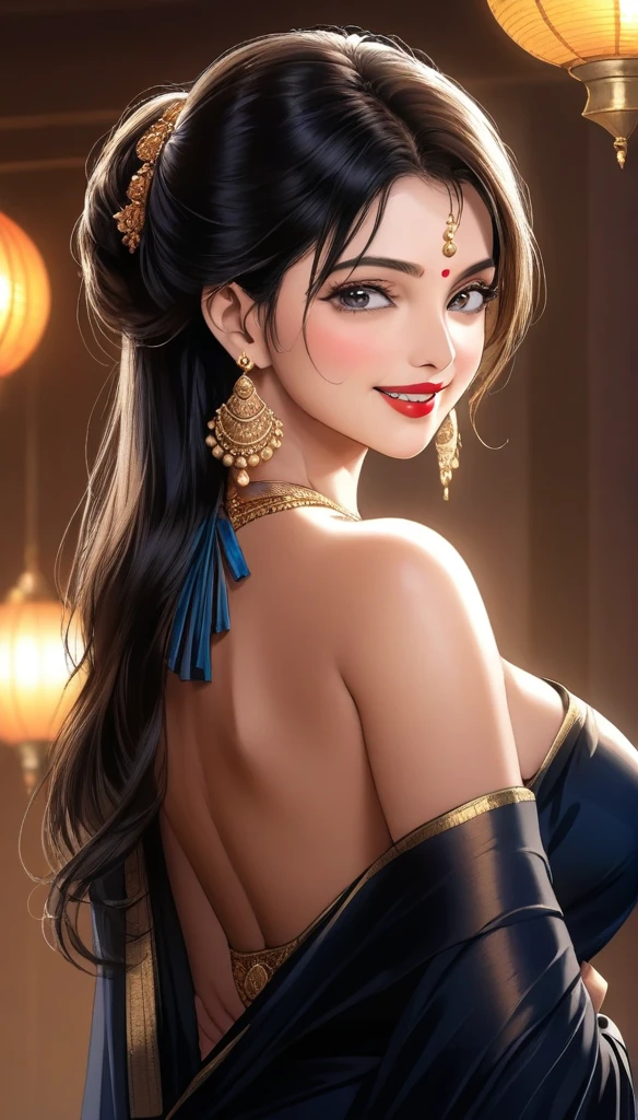 A beautiful mature woman bending down in front in a designeless plain silk black saree, exposing her ,intricate jhumka earrings, detailed alluring eyes, smooth lips, smiling, red lipstick, exposed navel, bangles, blue ribbon, saggy breasts, photorealistic, 8k, high quality, masterpiece, cinematic lighting, vibrant colors, intricate details, messy hair