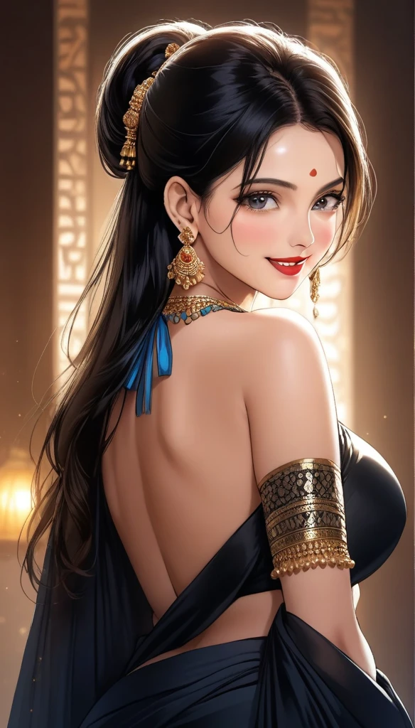 (1woman, mature, single hair braid, strapless silk white saree, big long jhumka earrings, detailed alluring eyes, smooth detailed lips, beautiful face, smiling, red lipstick, navel, bangles, blue ribbon, average breasts, cinematic lighting, dramatic lighting, vibrant colors, intricate details, photorealistic, 8k, hyper realistic, masterpiece, digital art, concept art)