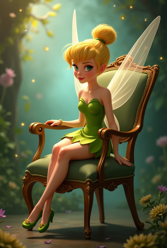 ((best quality)), ((masterpiece)) Tinker bell sitted on a chair with her leg crossed