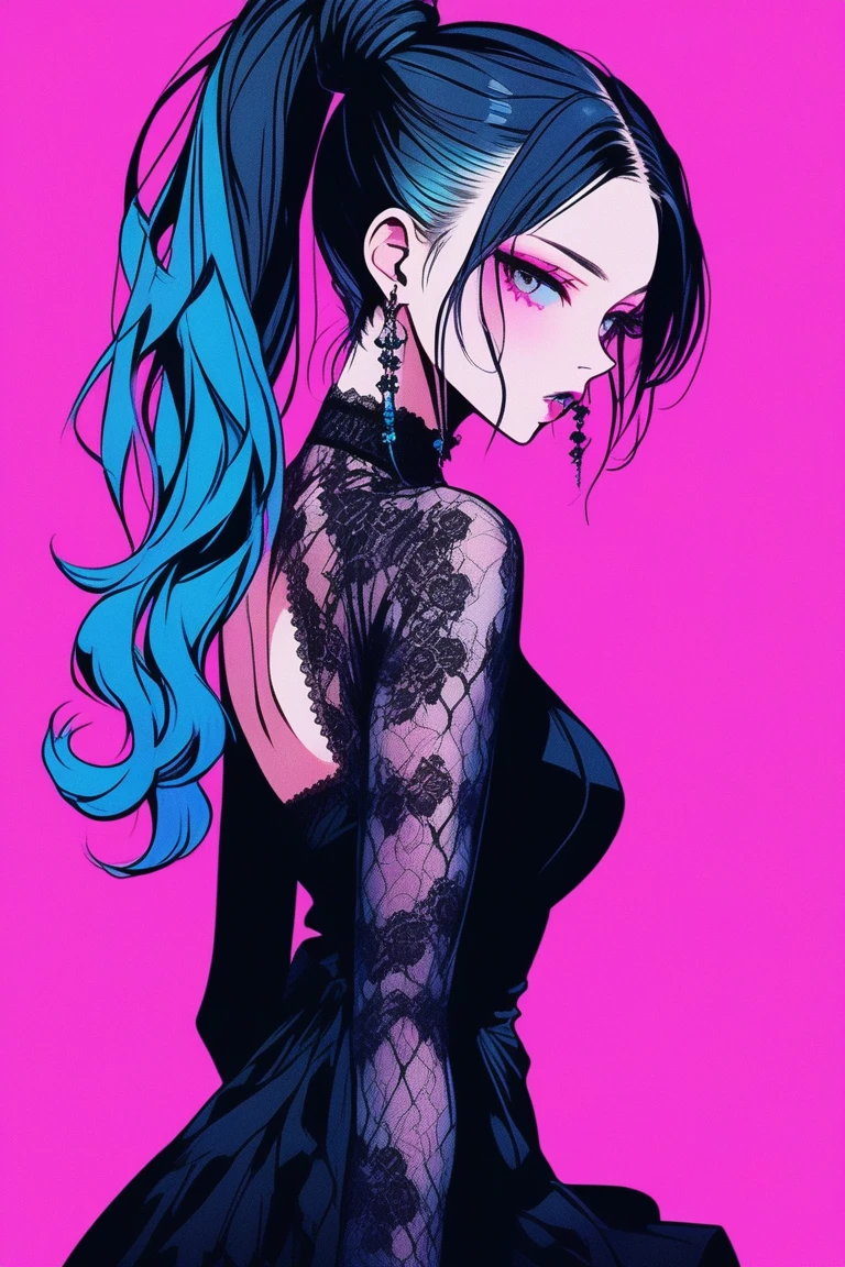 Illustrator, anime , Realistic ,sketch , 1 person, model, lip, A sheer gothic black mini dress with a lot of lace., order, Blue and pink gradient background, Neon colored ponytail hair, Big Breasts, whole body, look back, Sexy look, Sexy pose, Texture Trim, Russian, (masterpiece,Highest quality)