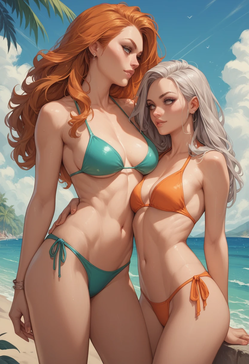 2 girls , one silver long hair brown and one ginger hair blueness girl , bikinis