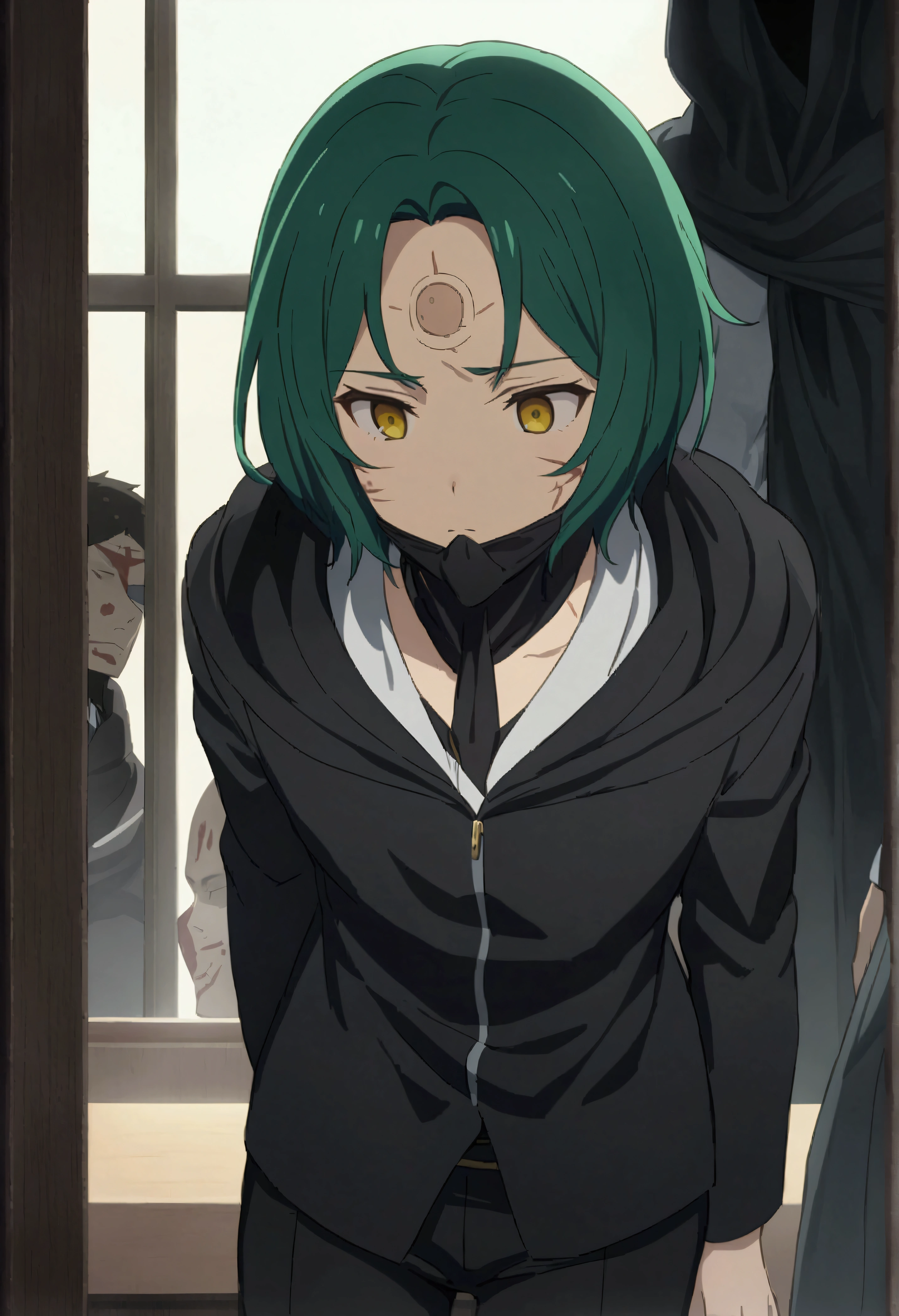 
Netero is a 15-year-old boy with an enigmatic and mysterious appearance.. She has emerald green hair, long and disheveled, which falls on his forehead and partially hides his yellow eyes. His eyes are intense and penetrating., with a look that seems to see through people and objects.

He wears a black mask that hides the horrible marks on his mouth and throat., a constant reminder of the injuries he suffered in the lab. The mask also gives it an appearance of mystery and enigma..

Netero wears a black hooded jacket, black pants and high boots, which gives him the appearance of someone who seeks to remain in the shadows. Despite its intimidating appearance, There is something sad and lonely in his gaze. anime, masculine, 