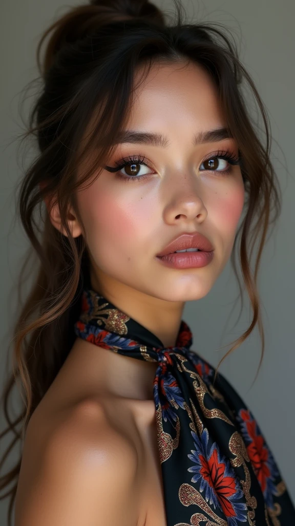 Slender cute girl with dark eyeshadow and voluminous lips. She is wearing a shiny print silk neckerchief