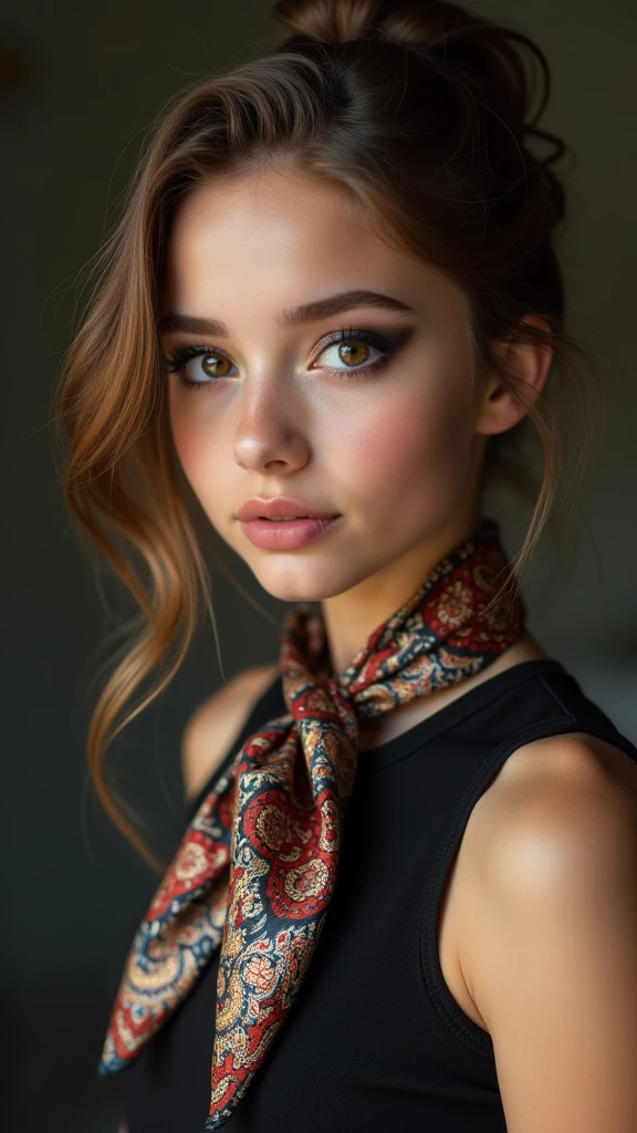 Slender cute teen girl with dark eyeshadow and voluminous lips. She is wearing a shiny print silk neckerchief

